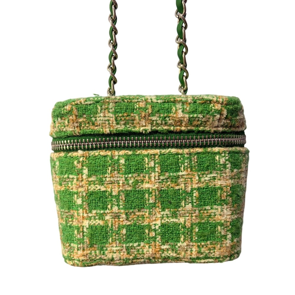 Green Tweed Micro Vanity Bag Silver Chain Crossbody Plaid Mini Box Bag